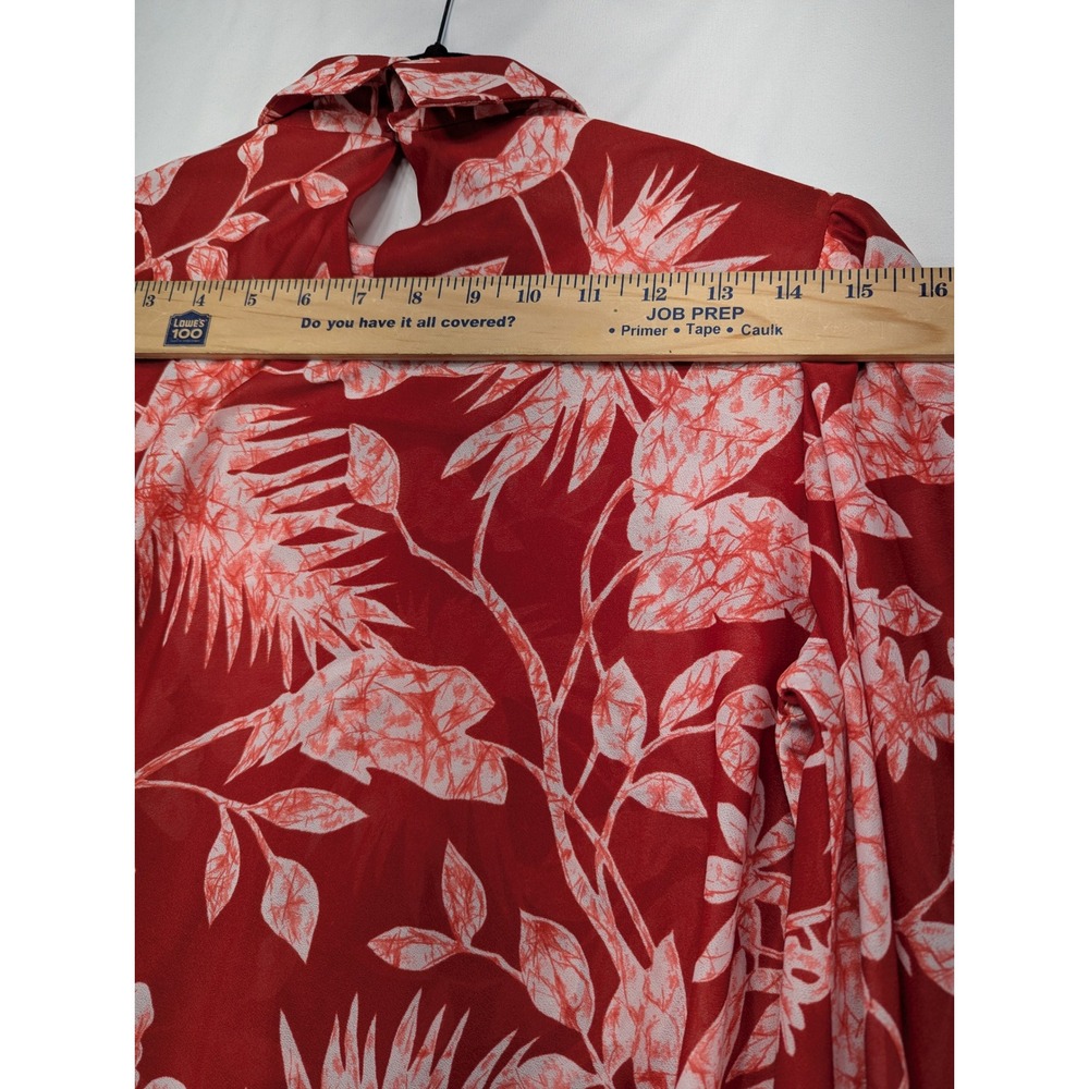 Red White Tropical Floral High Neck‎ Pleated Front Blouse Long Sleeve Small - Picture 5 of 7